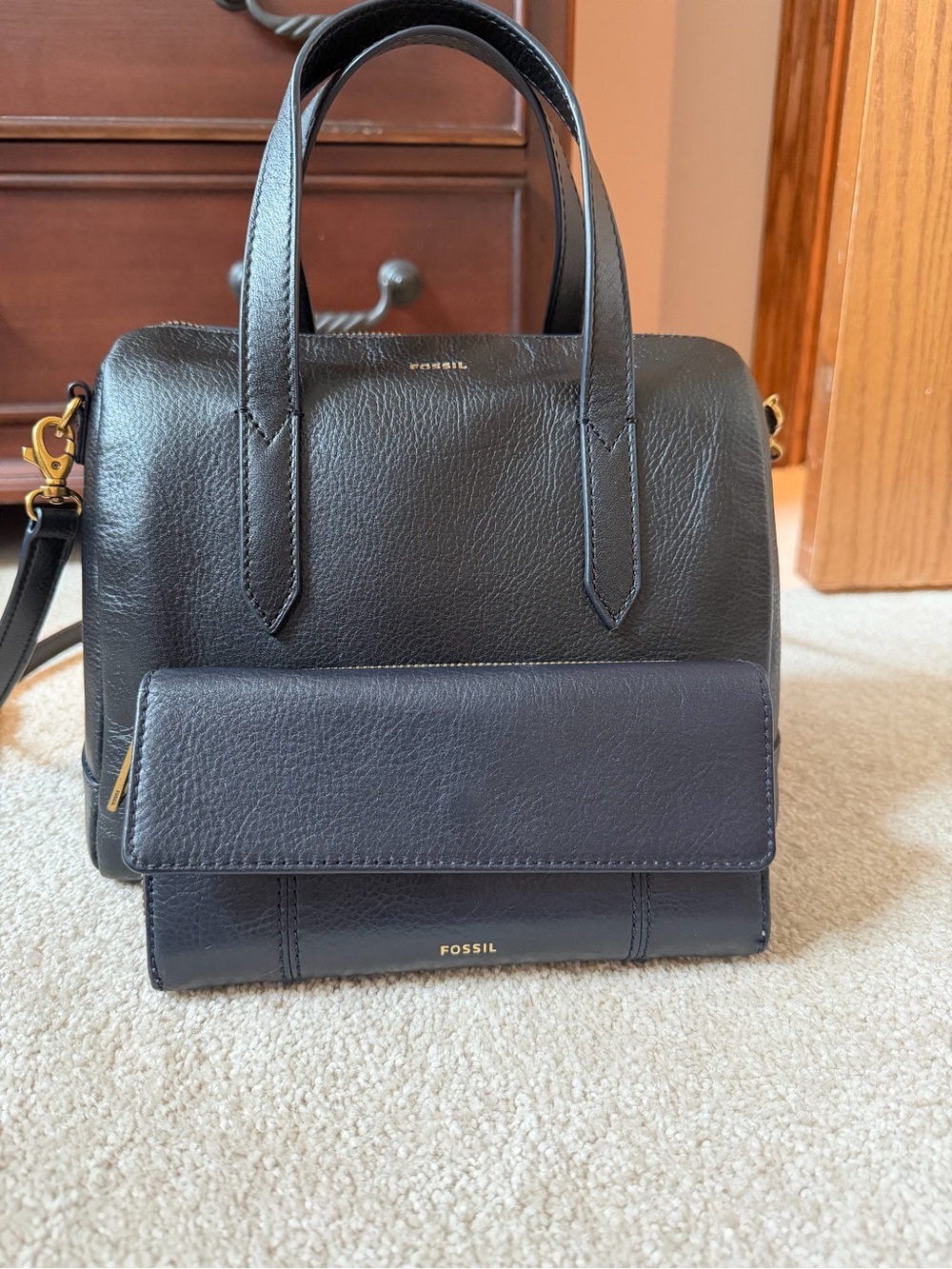 Fossil Black Leather Satchel and Wallet Set